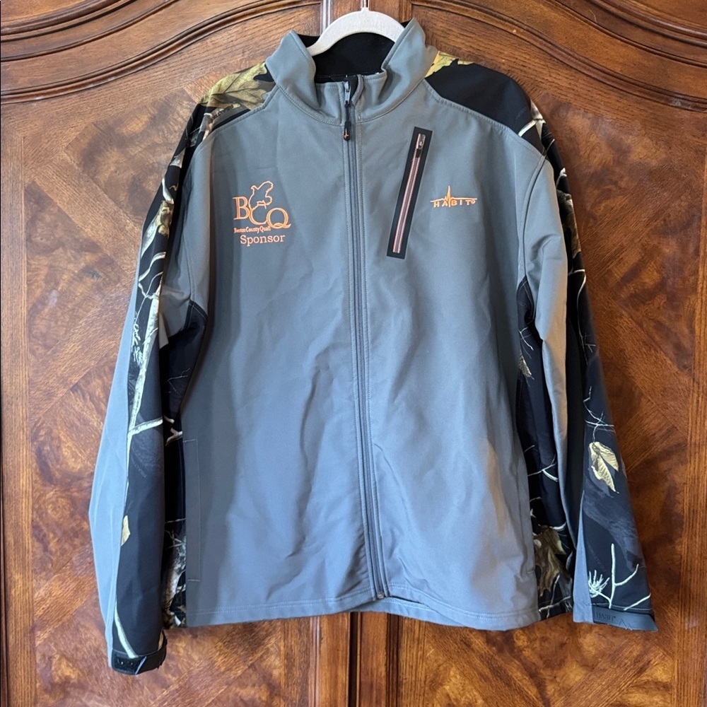 Habit Gray Jacket with Camouflage Sleeves “Benton County Quail Sponsor” size 2XL